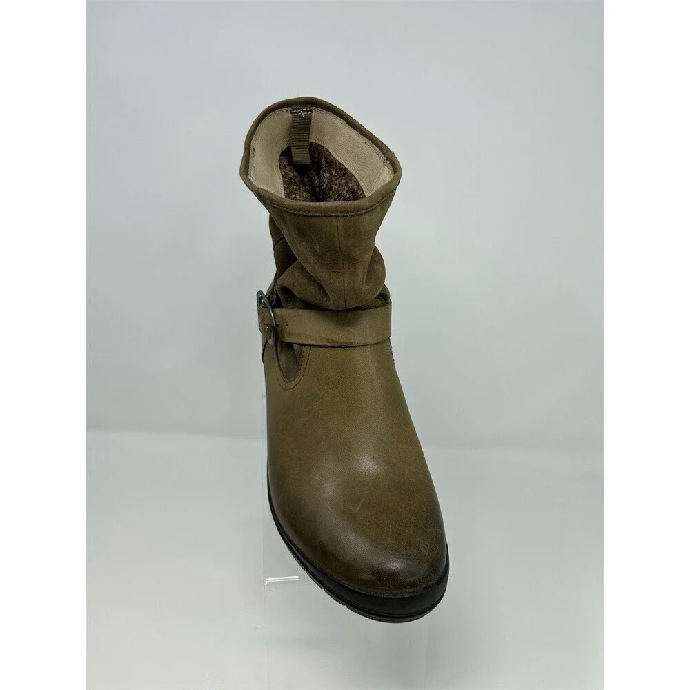 BOGS Cassie Low Slouch Mid-Calf Riding Boots Taupe/Olive Buckle Strap Wedge 9.5